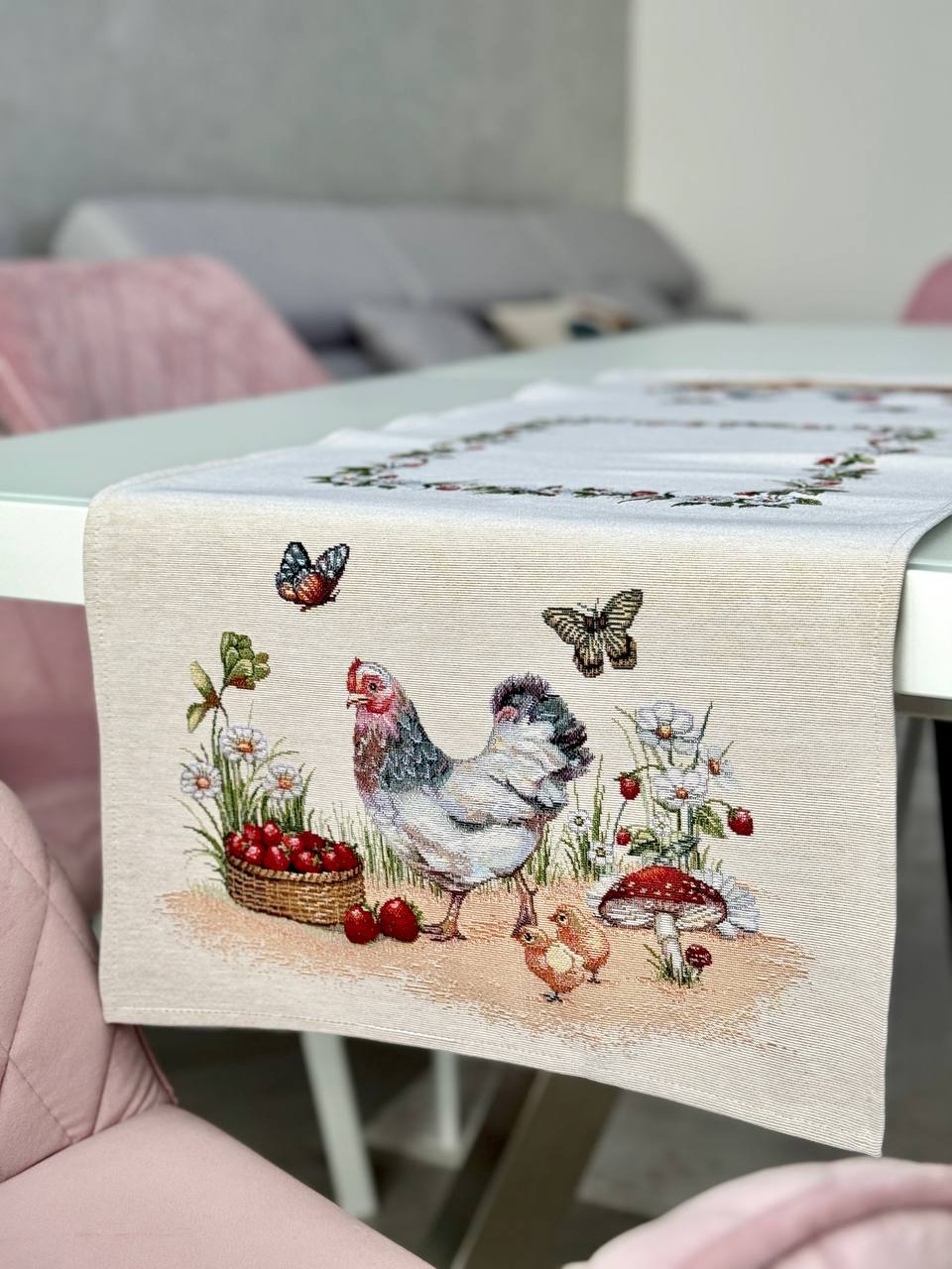 Tapestry table runner «Rooster and hens» Limaso Textile