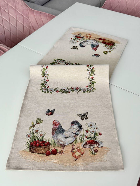 Tapestry table runner «Rooster and hens»