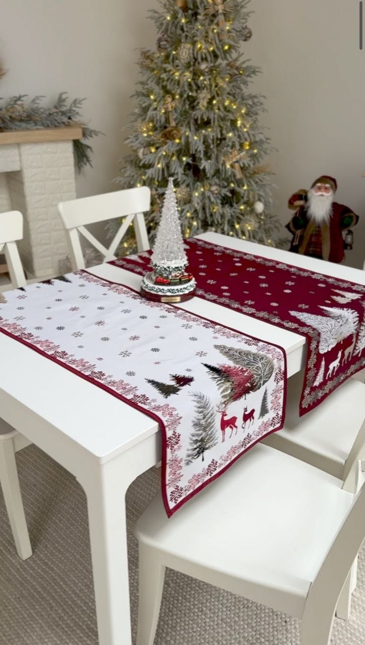 Reversible Winter Holiday Table Runner «Nordic Forest» with golden thread - High quality tapestry