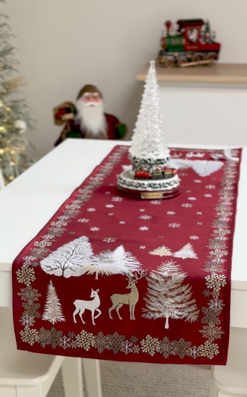 Reversible Winter Holiday Table Runner «Nordic Forest» with golden thread - High quality tapestry