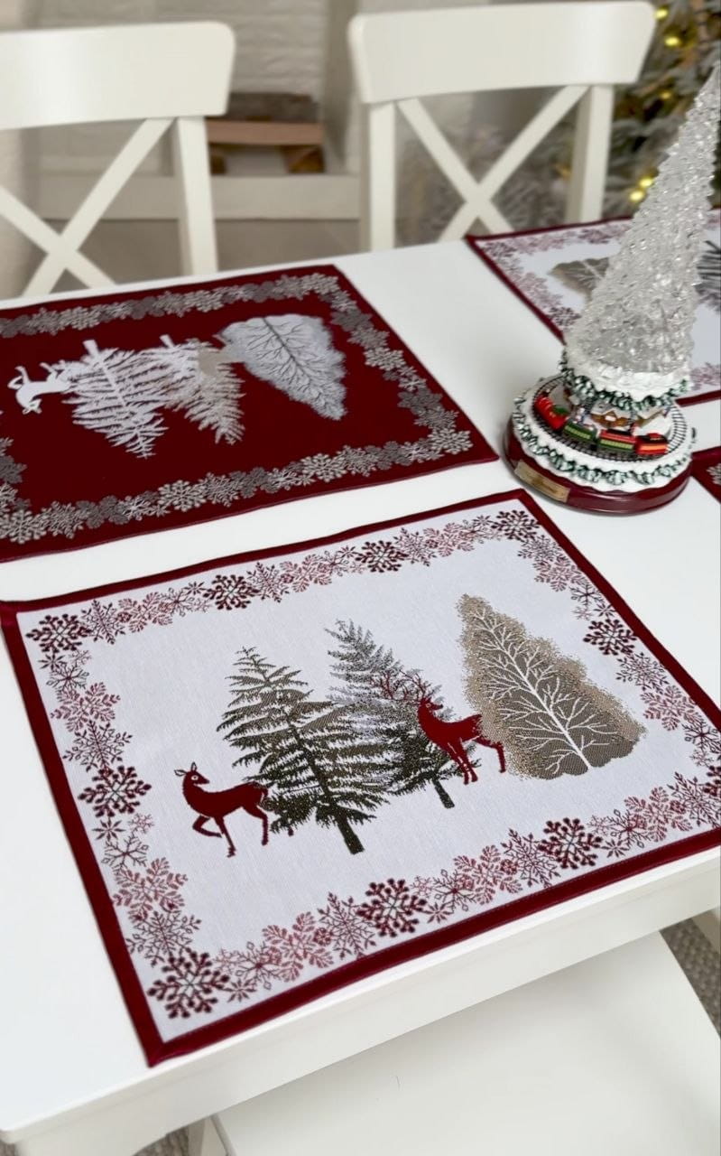 Winter Holiday Placemat set «Nordic Forest» with golden thread - High quality tapestry