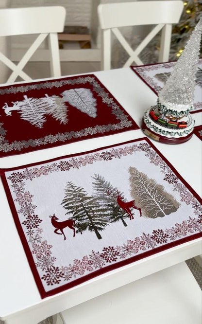 Winter Holiday Placemat set «Nordic Forest» with golden thread - High quality tapestry