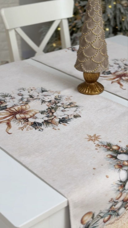 Christmas Table Runner «Golden Winter» with Microfibre &amp; golden thread - Premium Tapestry