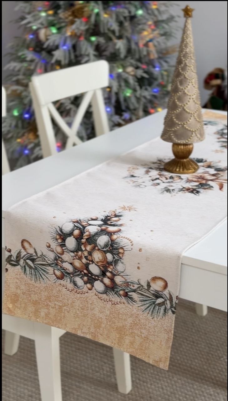 Christmas Table Runner «Golden Winter» with Microfibre &amp; golden thread - Premium Tapestry