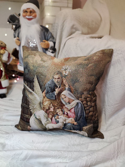 Winter Holiday tapestry cushion cover «Nativity» with golden thread