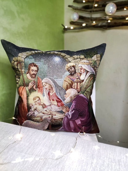 Winter Holiday tapestry cushion cover «Nativity scene» with golden thread