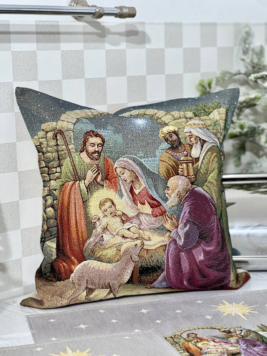 Winter Holiday tapestry cushion cover «Nativity scene» with golden thread