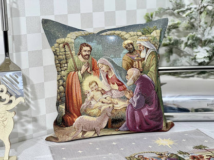 Winter Holiday tapestry cushion cover «Nativity scene» with golden thread