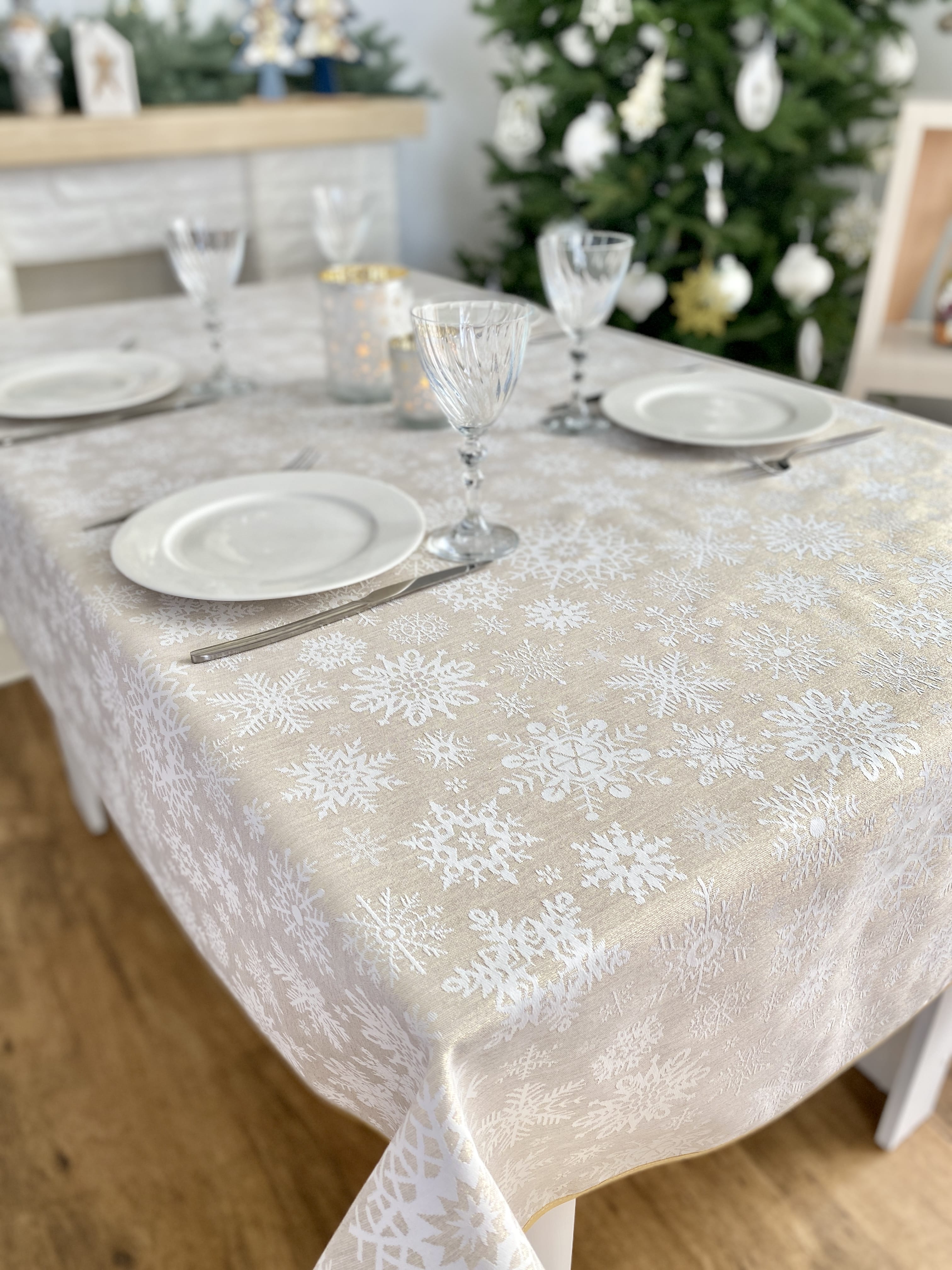 Buy Christmas Tablecloth Double-sided with Teflon coating "Snowfall" (golden lurex) UK Textil4Family